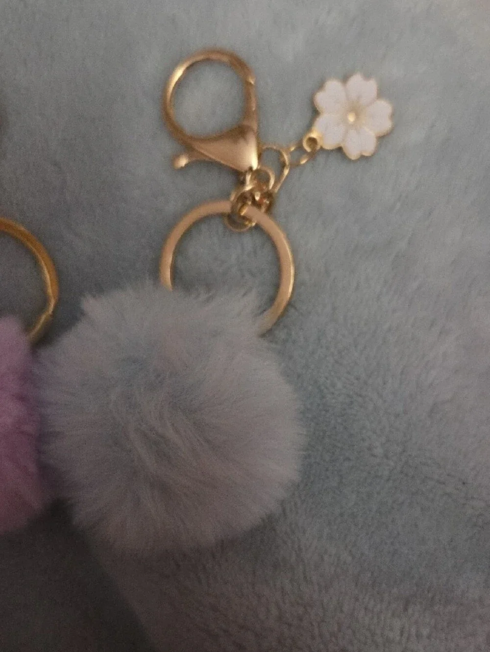 Keychains 2 Gold Pom-Pom Keychain with Pink and Light Blue Fur  NWOT